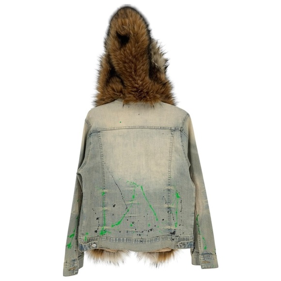 Rockstar Original Fur Trim Denim Paint Splatter Hooded Jean Jacket L - Picture 3 of 16